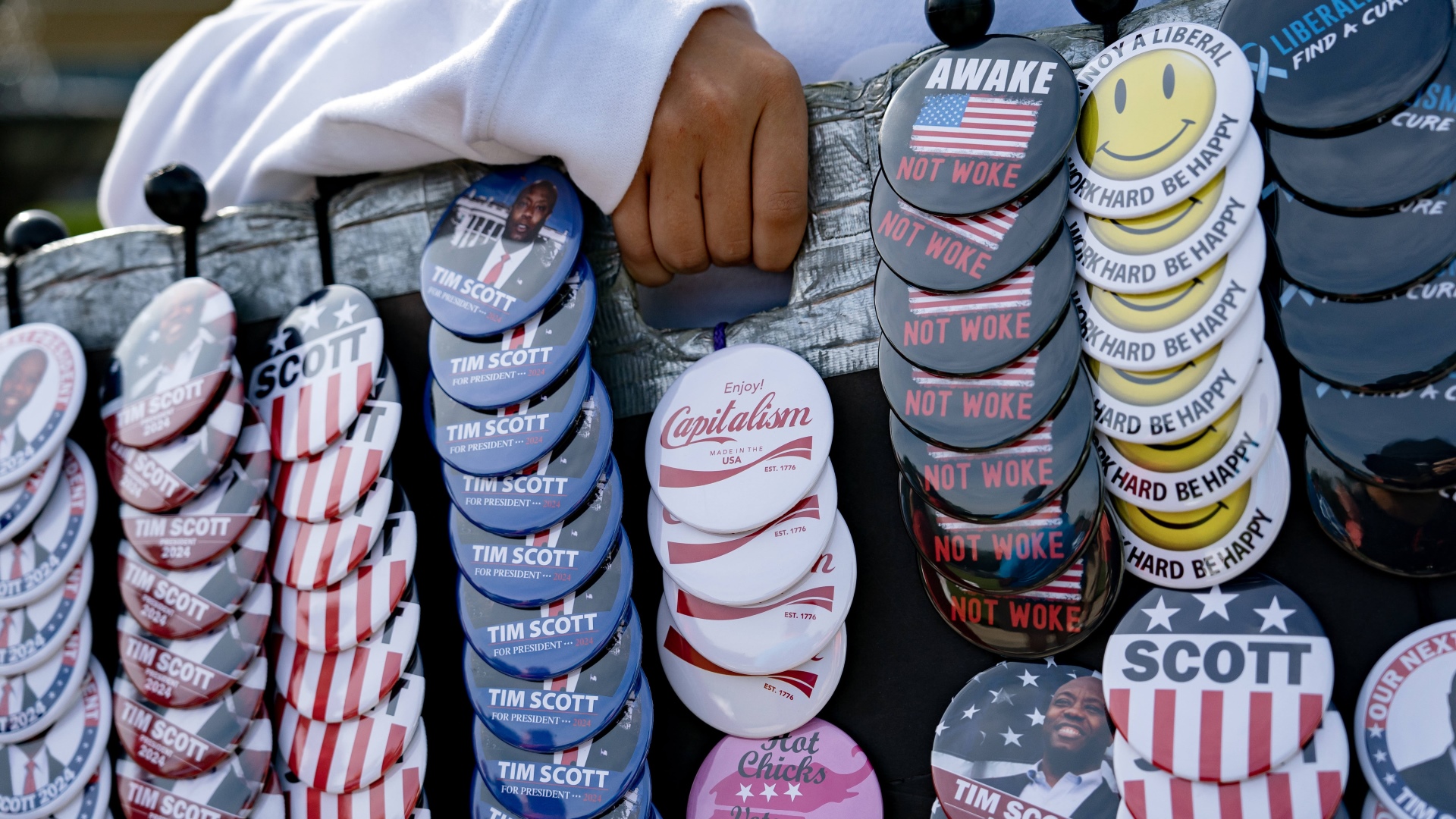 Badges for sale prior to an event for senator Tim Scott on May 22 in North Charleston, South Carolina. Photo: Allison Joyce/Getty