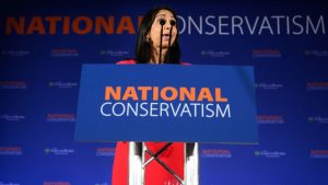 Not just a bunch of swivel-eyed loons... Suella Braverman makes her keynote speech at the National Conservatism Conference. Photo: Leon Neal/Getty