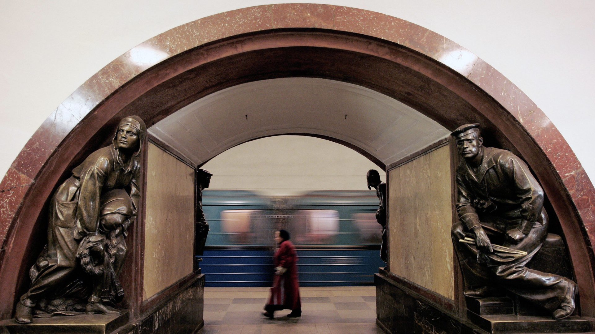 Moscow’s Ploshad Revolutsii metro station contains dozens of bronze sculptures depicting model Soviet male and female workers going about the daily toil of building a communist utopia. Photo: Maxim Marmur/AFP/Getty