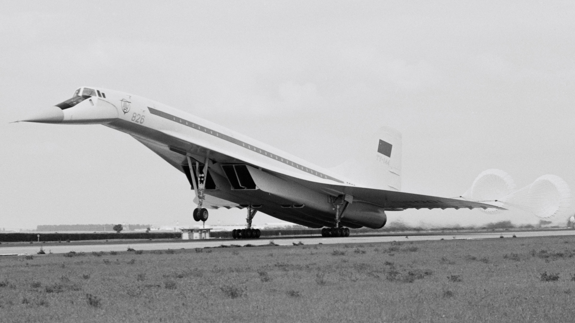 The Soviet Union’s Tupolev Tu-144 supersonic airliner, dubbed “Concordski” by the British press, demonstrates its braking parachutes at the 1971 Paris Airshow. Photo: Reg Lancaster/Daily Express/Getty