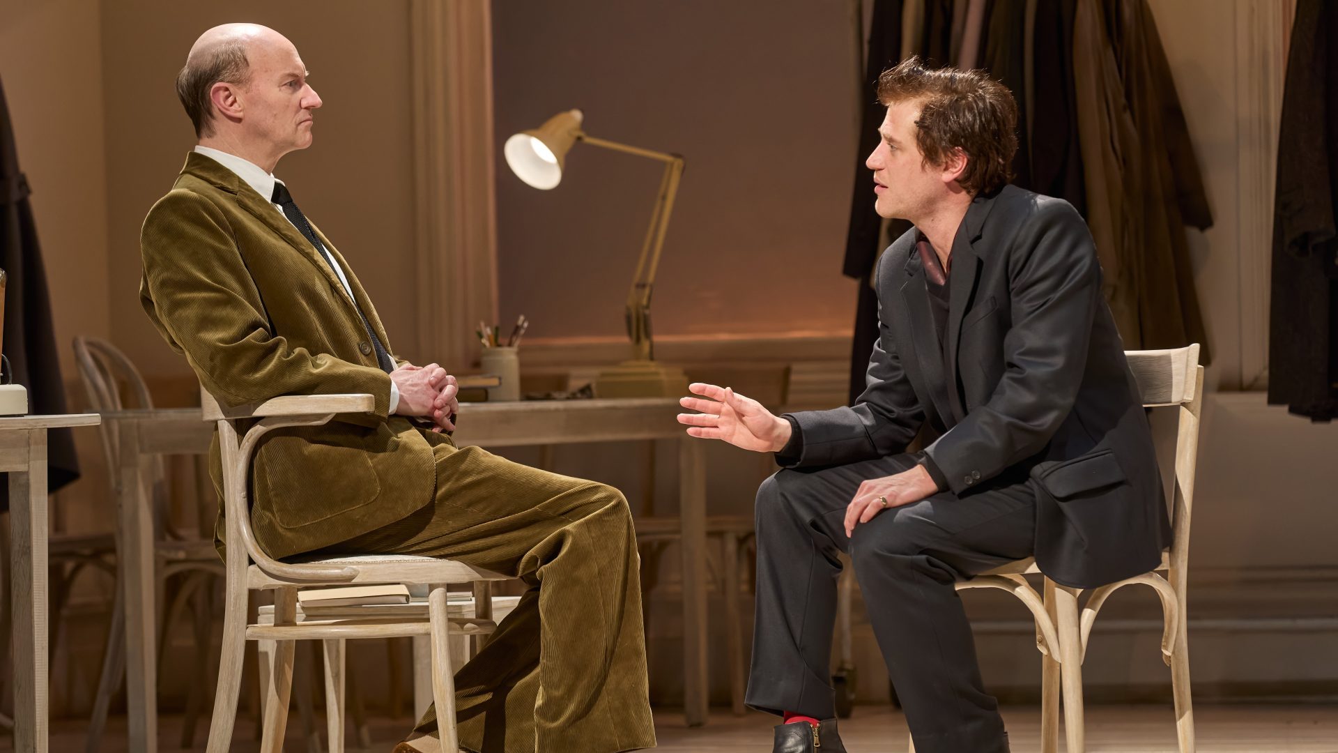 Mark Gatiss (Sir John Gielgud) and Johnny Flynn (Richard Burton) in The Motive and the Cue at the National Theatre. Photo: Mark Douet
