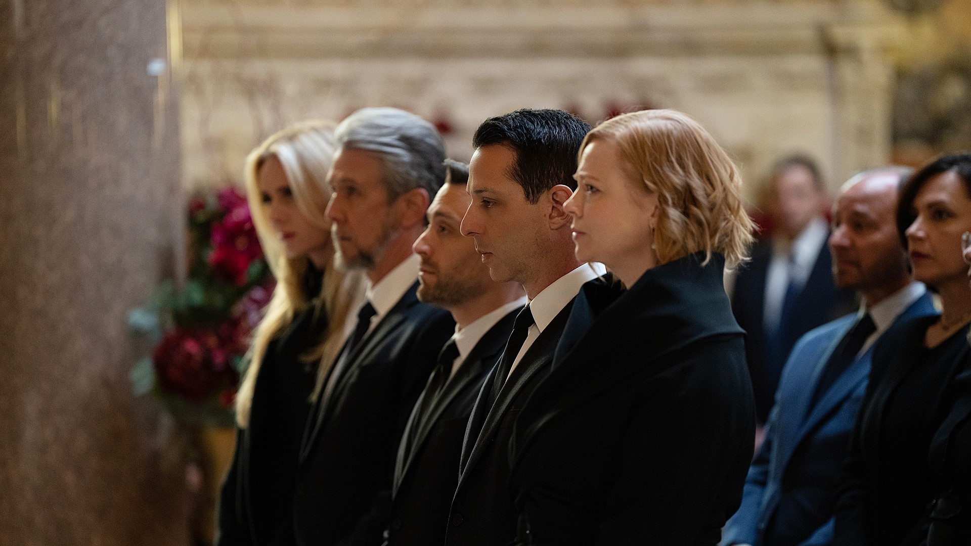 Logan Roy’s children at his funeral. Photo: HBO