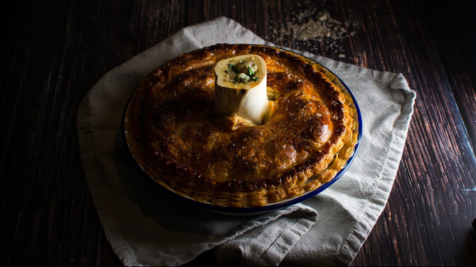 Steven Groves’ shin of beef 
and bone marrow pie