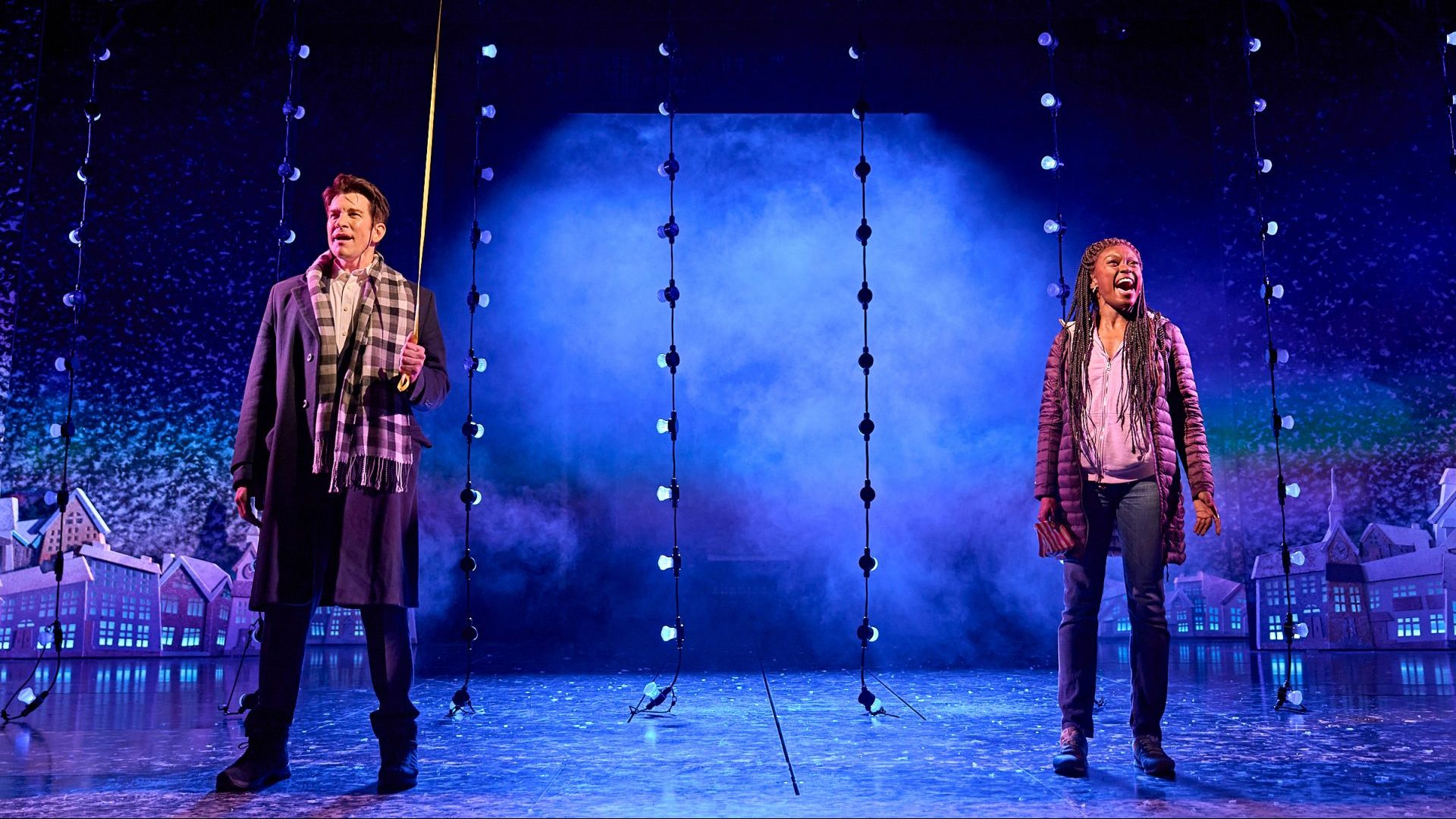 Andy Karl (Phil Connors) and Tanisha Spring (Rita Hanson) in Groundhog Day at The Old Vic