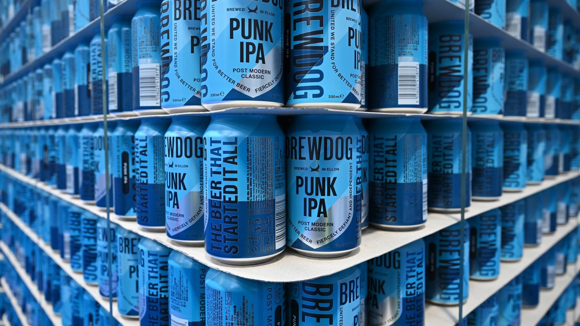 Stacks of BrewDog beer cans at their brewery in Ellon, Scotland (Photo by Jeff J Mitchell/Getty Images)