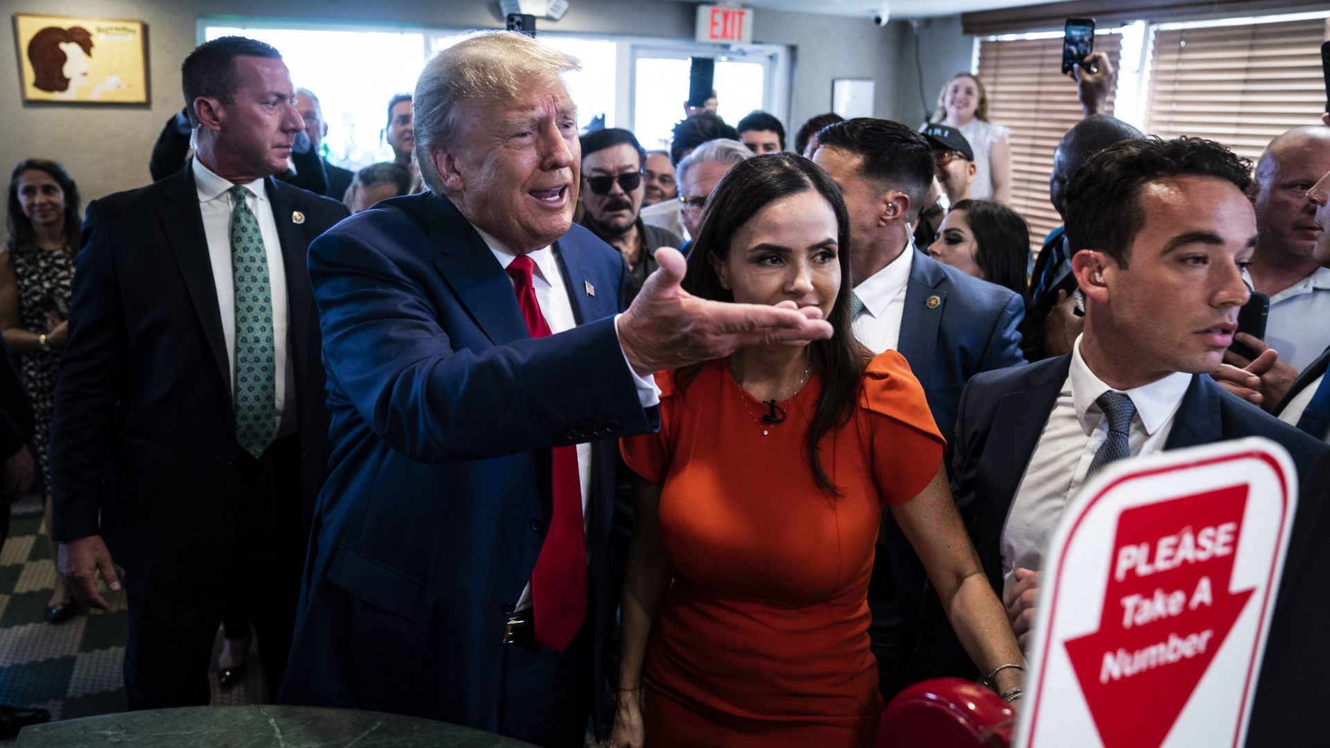 Donald Trump greets supporters and patrons at Versailles Cuban Restaurant in Miami, minutes after pleading not guilty to federal charges, June 13. Photo: Jabin Botsford/The Washington Post/Getty