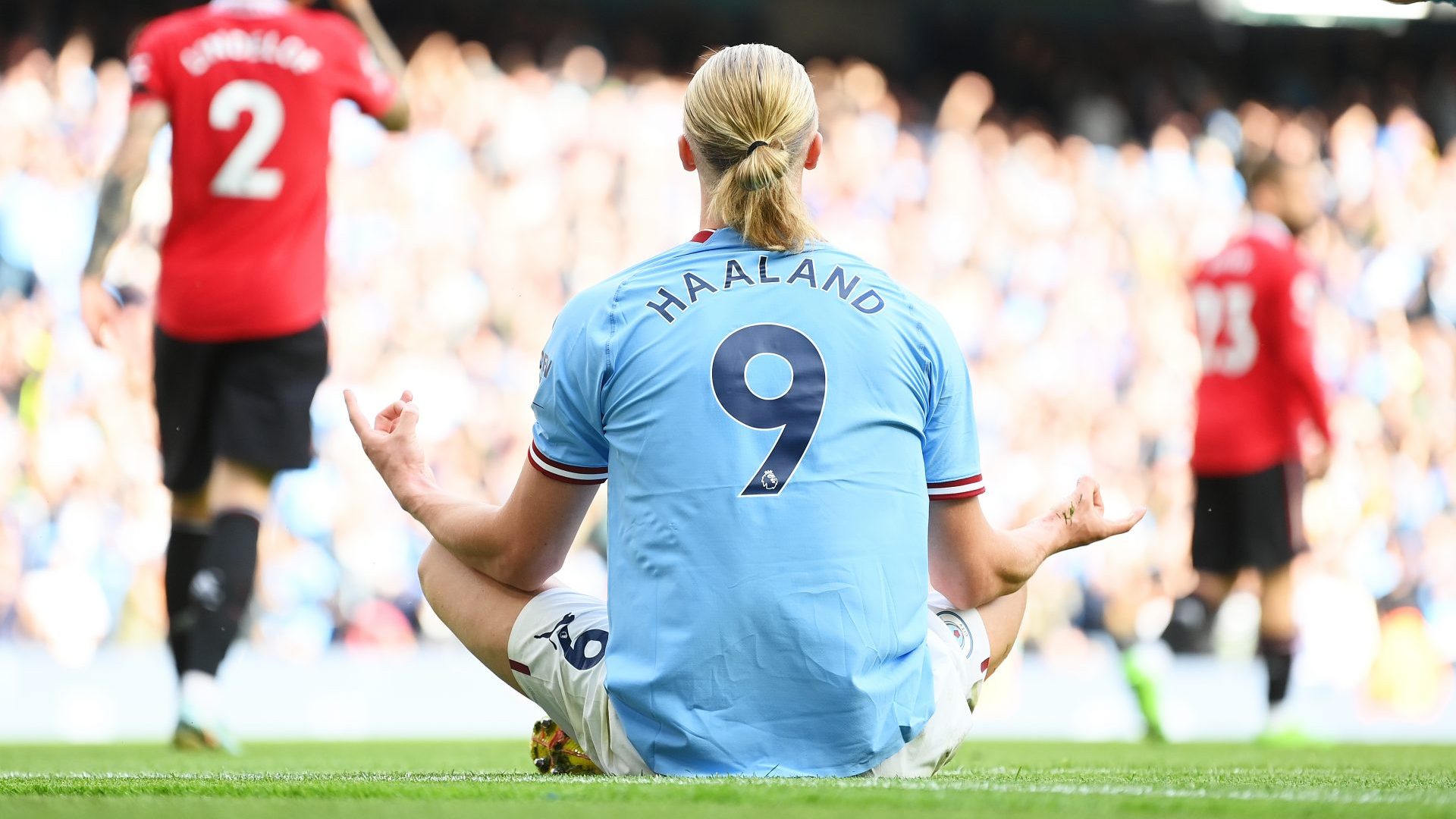 Erling Haaland celebrates Man City’s fifth goal against Man 
Utd at the Etihad 
Stadium in October 
2022. Photo: Michael 
Regan