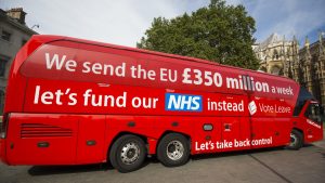 Arguably the biggest and most influential Brexit fib of them all – the infamous bus and its outlandish claims. Photo: Jack Taylor/Getty 