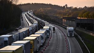 Freight lorries queue on the M20 heading towards the port of Dover. Photo: Ben Stansall/AFP/Getty