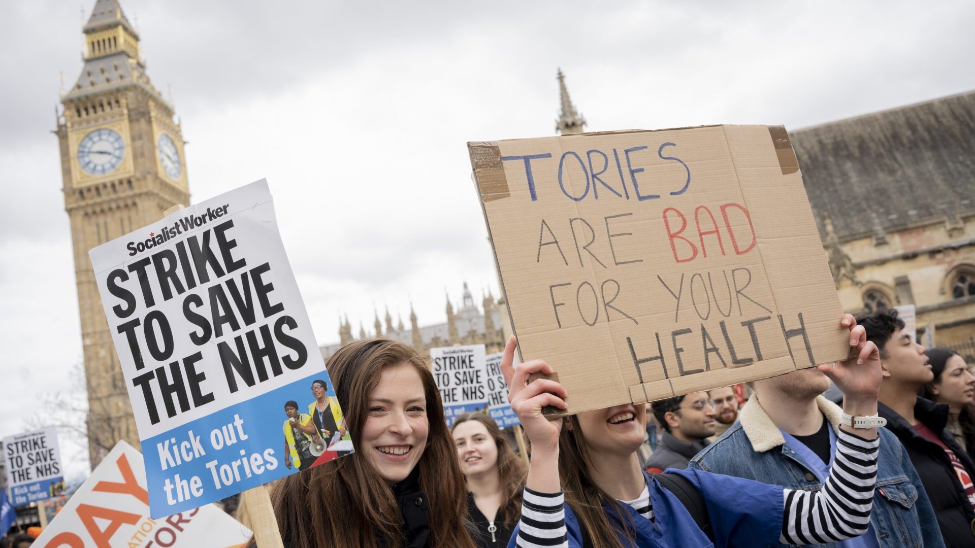 On the first of their four-day nationwide industrial action, striking junior doctors march past Parliament. Photo: Richard Baker / In Pictures via Getty Images