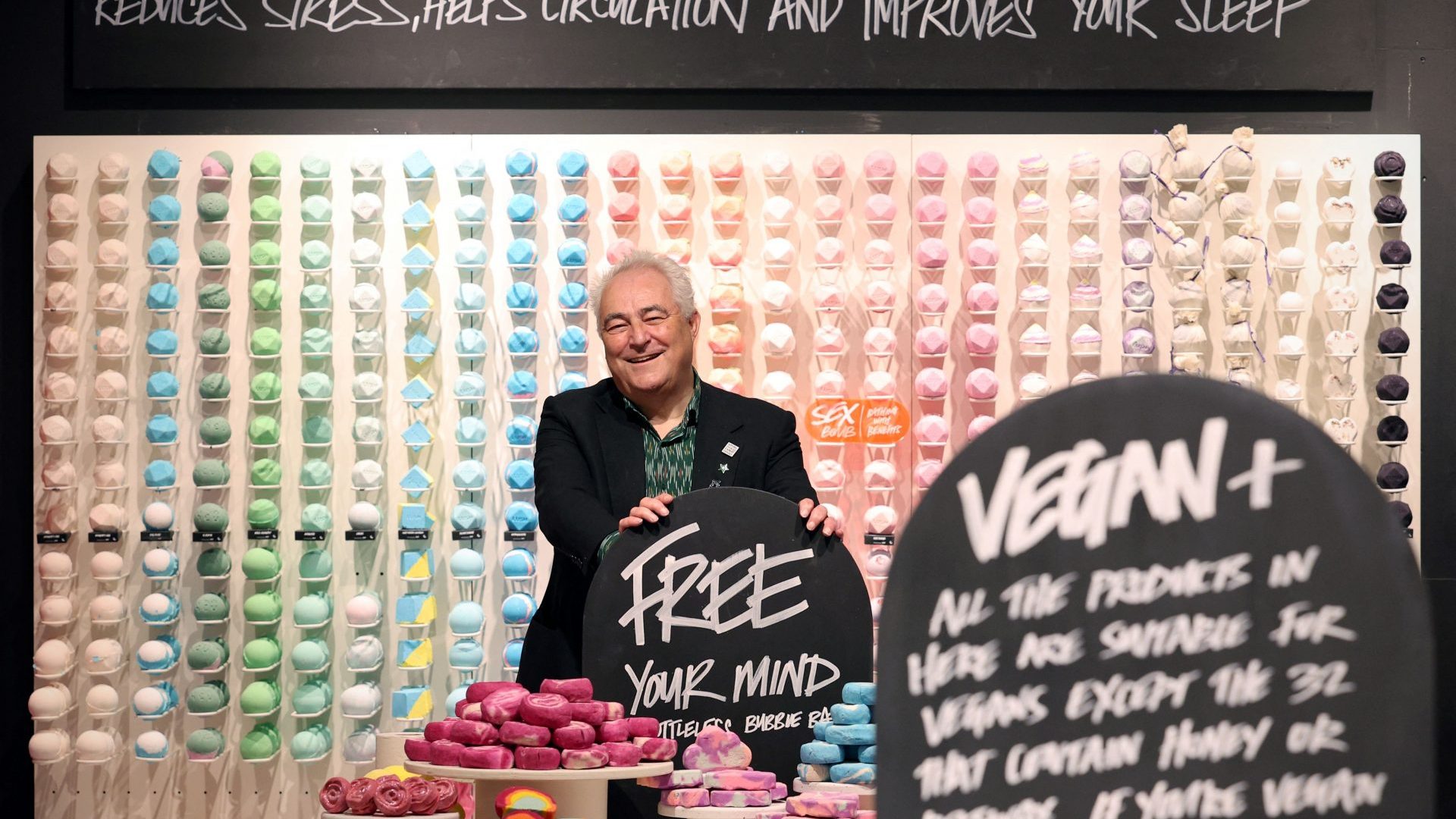 Mark Constantine, co-founder and co-CEO of Lush, poses for a photograph inside a "mock up" of a store at the cosmetic company's headquarters in Poole. Photo: ADRIAN DENNIS/AFP via Getty Images