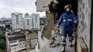 The aftermath of a downed Russian missile, which killed three people and injured 11, on June 24 in Kyiv. Photo: Paula Bronstein/Getty