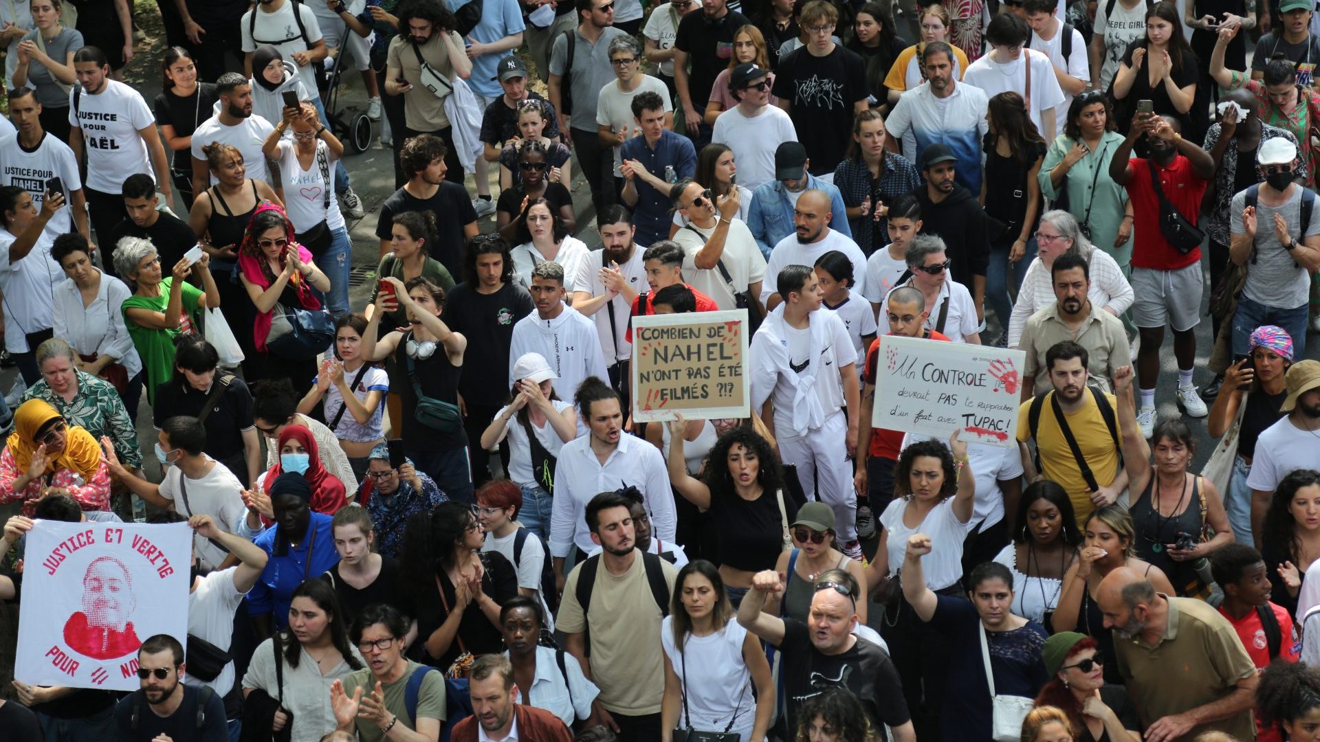 People gather to protest the death of 17-year-old Nahel, who was shot in the chest by police in Nanterre on June 27, in Paris, France. Photo: Ibrahim Ezzat/Anadolu Agency via Getty Images