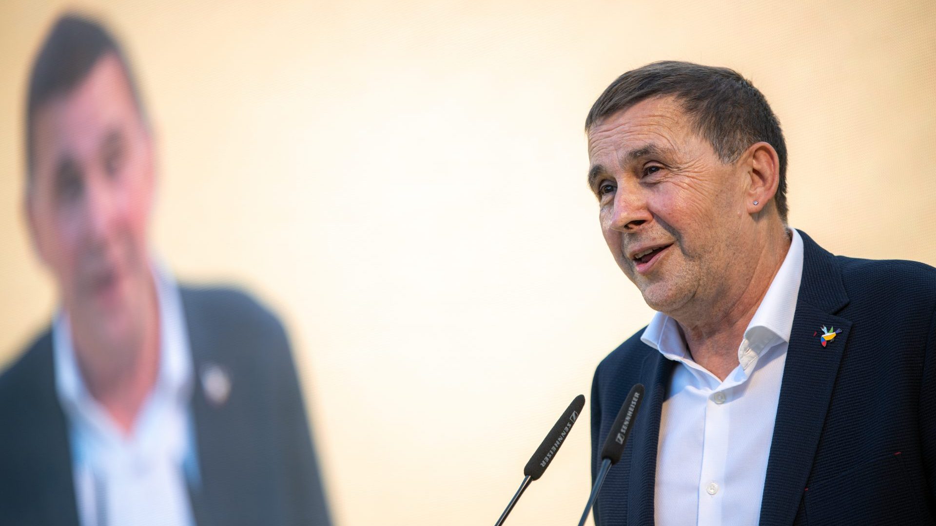 EH Bildu leader and convicted member of the disbanded Eta terrorist group, Arnaldo Otegi, during a rally for Sunday's election in Plaza Comercial. Photo: Lorena Sopena/Europa Press via Getty Images