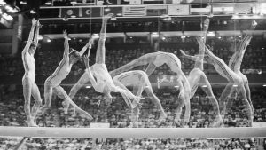 Multiple exposure 
shows Nadia Comăneci on the balance beam at the 1976 Olympics in 
Montreal, where, at the age of 14, she became the first gymnast to be 
 awarded a perfect score of 10.0 at the Olympic Games. Photo: Bettmann/Getty