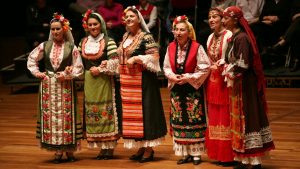 Members of Le Mystère des Voix Bulgares perform at The Queen Elizabeth Hall in London. The choir began in the 1950s and is still touring. Photo: Roberta Parkin/Redferns