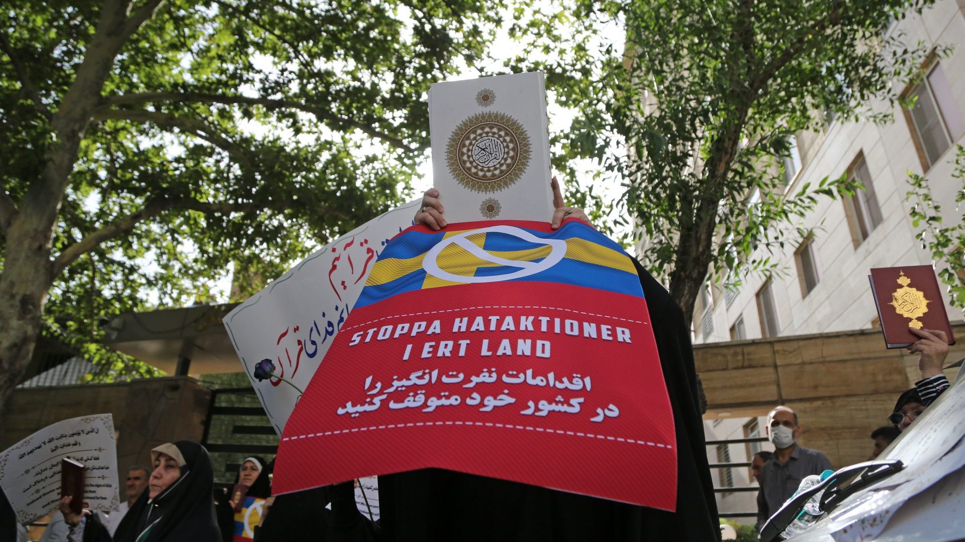 Muslims stage a demonstration against the burning of Holy Quran by an extremist in Stockholm, in front of the Embassy of Sweden in Tehran. Photo: Fatemeh Bahrami/Anadolu Agency via Getty Images