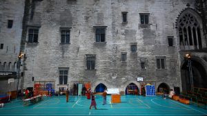 Actors at the Palais des Papes during a dress rehearsal for Welfare before the start of the 77th Avignon theatre festival. Photo: Christophe Simon/AFP/Getty