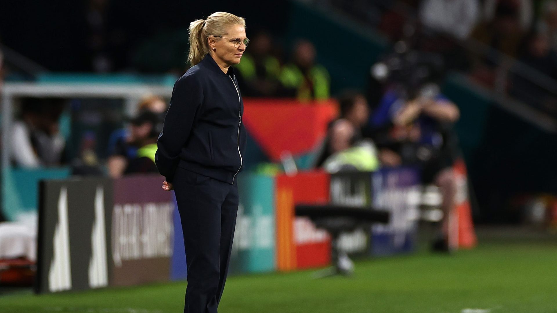 Sarina Wiegman, head coach of England, looks on during the Women's World Cup game between England and Nigeria (Photo by Naomi Baker - The FA/The FA via Getty Images)