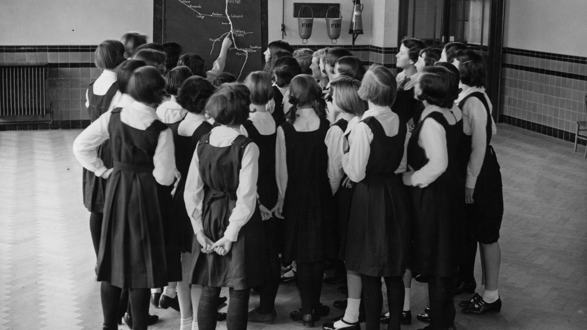 Schoolgirls from the Orange Hill Grammar School in north London study a map of the Rhineland before their Easter trip to Germany, 1936. School exchange programmes are now in jeopardy due to Brexit and the government’s insistence that EU students must hold a passport to enter the UK. Photo: A Hudson/ Topical Press Agency/Getty