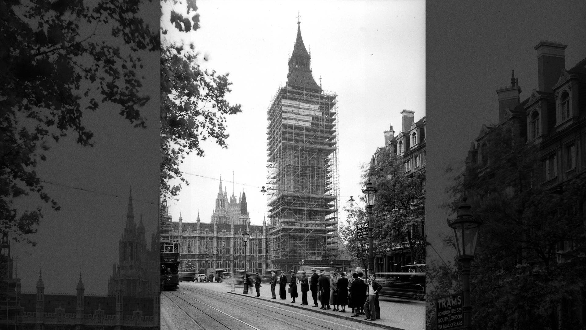 Big Ben at the Palace of Westminster c.1935, shrouded in scaffolding during restoration work. Photo: Fox Photos/Getty