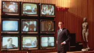 Silvio Berlusconi, Italian politician and businessman, beside an array of televisions. Photo: Vittoriano Rastelli/CORBIS/Corbis via Getty Images