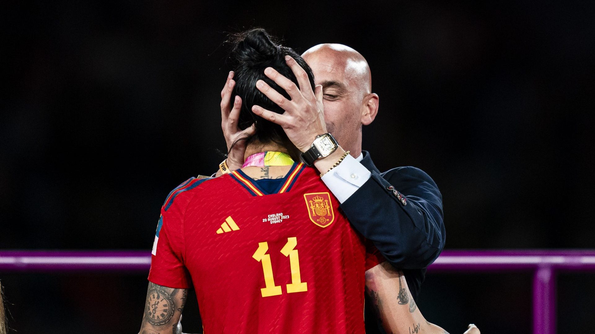 The president of the Royal Spanish Football Federation, Luis Rubiales, kisses Jennifer Hermoso during the medal ceremony of the Women’s World Cup final. Photo: Noemi Llamas/Eurasia Sport Images/Getty