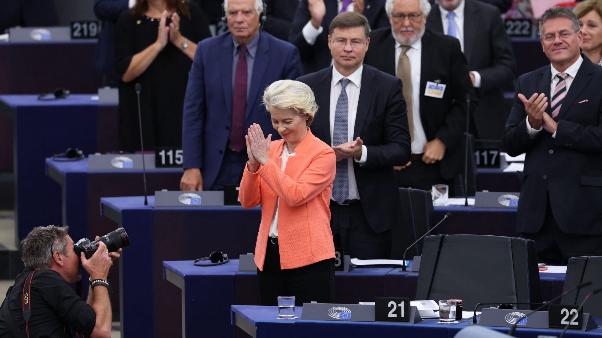 EU Commission President Ursula von der Leyen is applauded after giving her annual State of the Union address during a plenary session at the European Parliament in Strasbourg. Photo: FREDERICK FLORIN/AFP via Getty Images