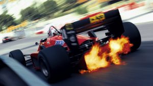 Exhaust flames shoot up through the diffuser of Stefan Johansson’s Ferrari 156-85 during the 1985 Monaco Grand Prix. Photo: Motorsport Images/Rainer Schlegelmilch
