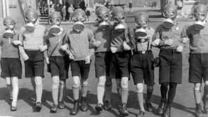 German school children wearing gas masks in 1938, prior to the outbreak of the second world war. Photo: Daily Herald Archive/National Science & Media Museum/SSPL/Getty