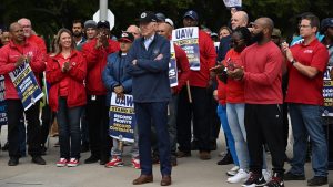 President Biden joins striking members of the United Auto Workers (UAW) union on a picket line in Michigan. But many union members have turned their backs on the Democrats. Photo: Jim Watson/ AFP/Getty