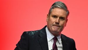 Sir Keir Starmer’s keynote speech to the Labour Party conference in Liverpool was interrupted by a protester bearing glitter. Photo: Paul Ellis/AFP/Getty