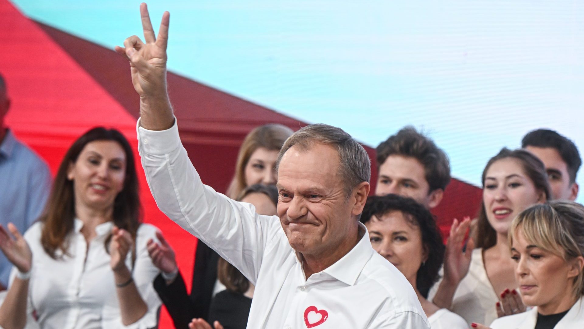 The leader of Civic Coalition (KO), Donald Tusk celebrates the exit poll results during Poland's Parliamentary elections. Photo: Omar Marques/Getty Images