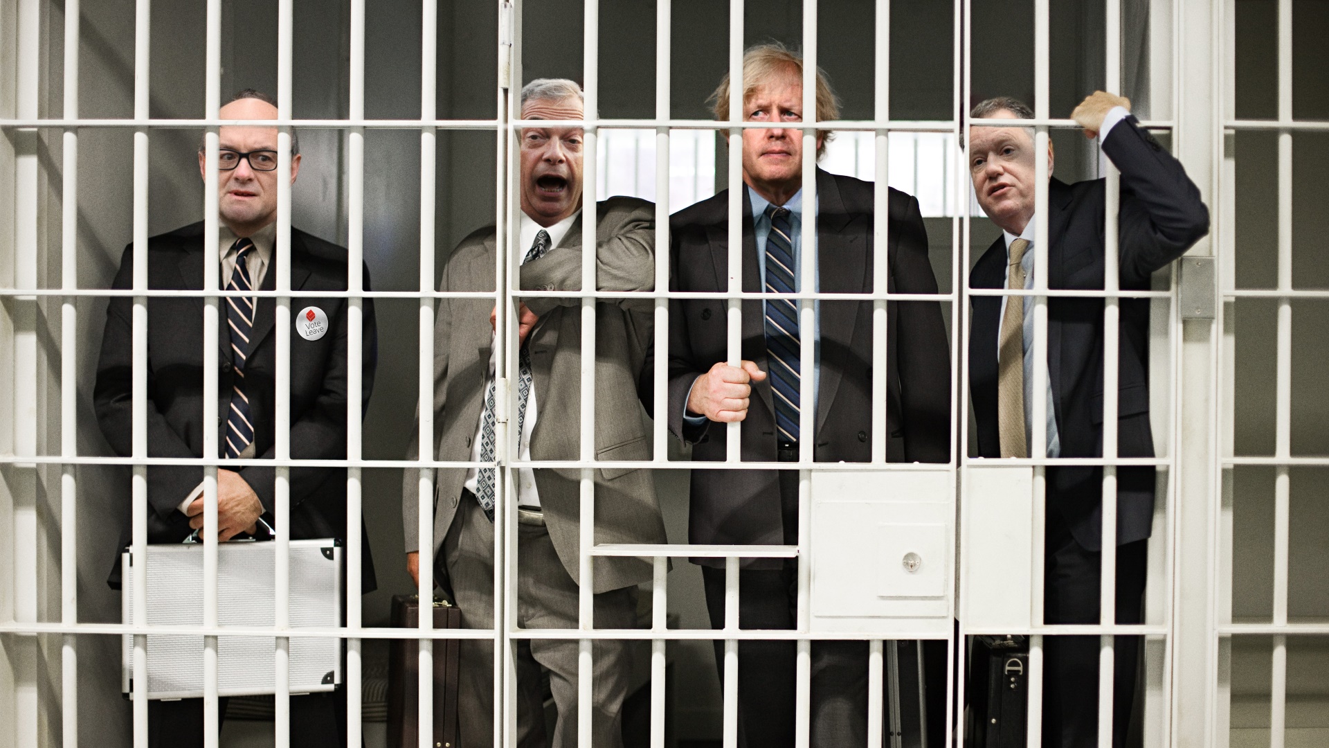 Locked down or locked up? The chief players in achieving a hard Brexit: Dominic Cummings, Nigel Farage, Boris Johnson and Lord Frost. Image: The New European/Getty