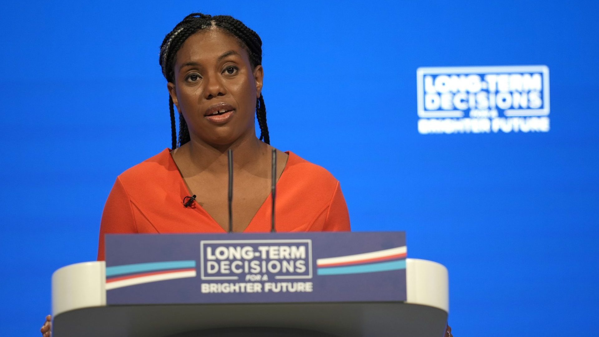  Kemi Badenoch MP, Secretary of State for Business and Trade speaks during the second day of the the Conservative Party Conference. Photo: Christopher Furlong/Getty Images