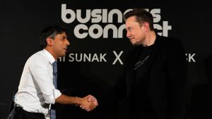 Rishi Sunak shakes hands with Elon Musk after an in-conversation event held in London following the UK Artificial Intelligence Safety Summit. Photo by Kirsty Wigglesworth/POOL/AFP/Getty