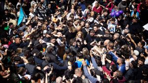 Argentina’s president-elect Javier Milei greets supporters during a rally in San Isidro. Photo: Tomas Cuesta/Getty