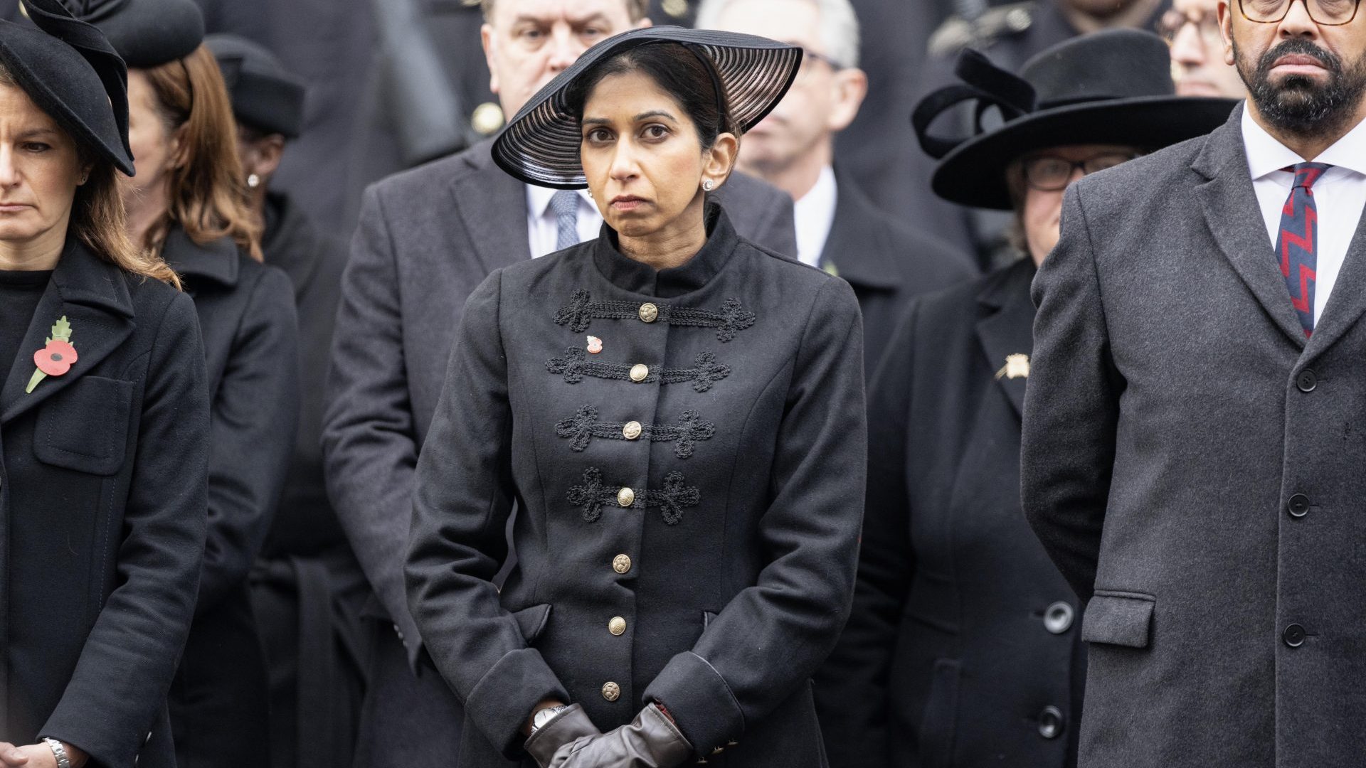 Home Secretary Suella Braverman stands at the Cenotaph in London with her wreath on Remembrance Sunday. Photo: Richard Pohle - WPA Pool/Getty Images
