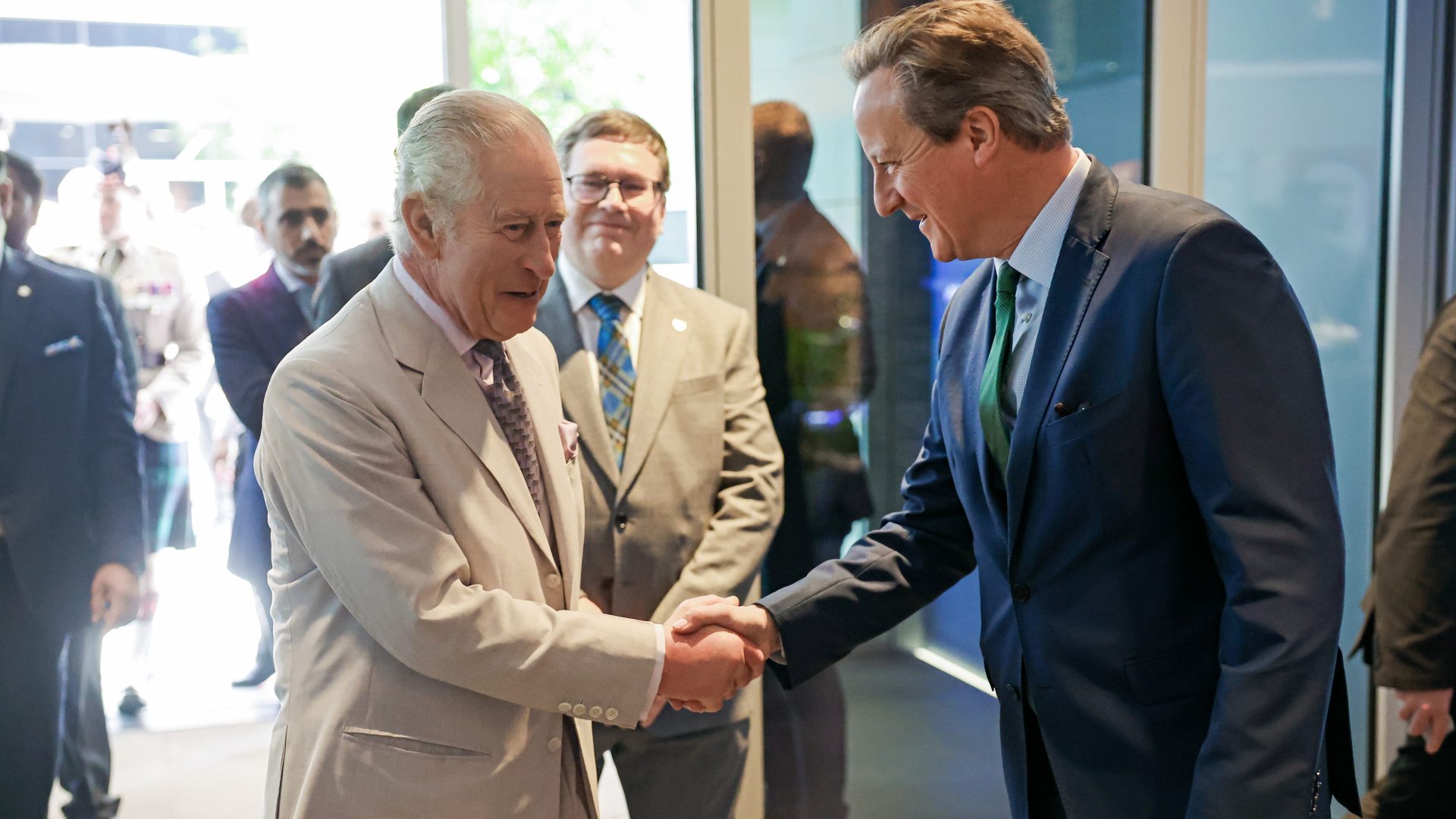 King Charles III greets UK Secretary of State for Foreign Affairs David Cameron during a visit at the Heriot-Watt University to formally open the Dubai campus during COP28. Photo: Chris Jackson/Getty Images