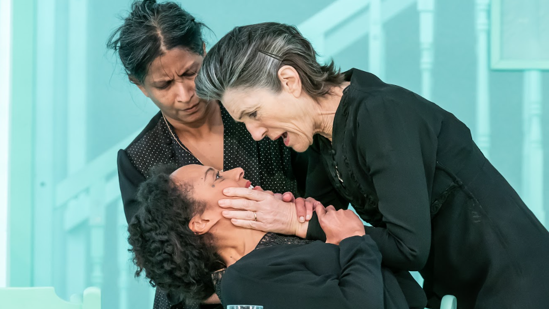 Rosalind Eleazar as Angustias, Thusitha Jayasundera as Poncia and Harriet Walter as the matriarch in The House of Bernarda Alba. Photo: Marc Brenner