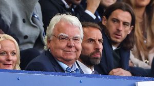 Bill Kenwright at his beloved Everton alongside England manager Gareth Southgate (Photo by Robbie Jay Barratt - AMA/Getty Images)