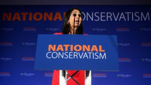 Suella Braverman makes her keynote speech at the National Conservatism Conference (Photo by Leon Neal/Getty Images)
