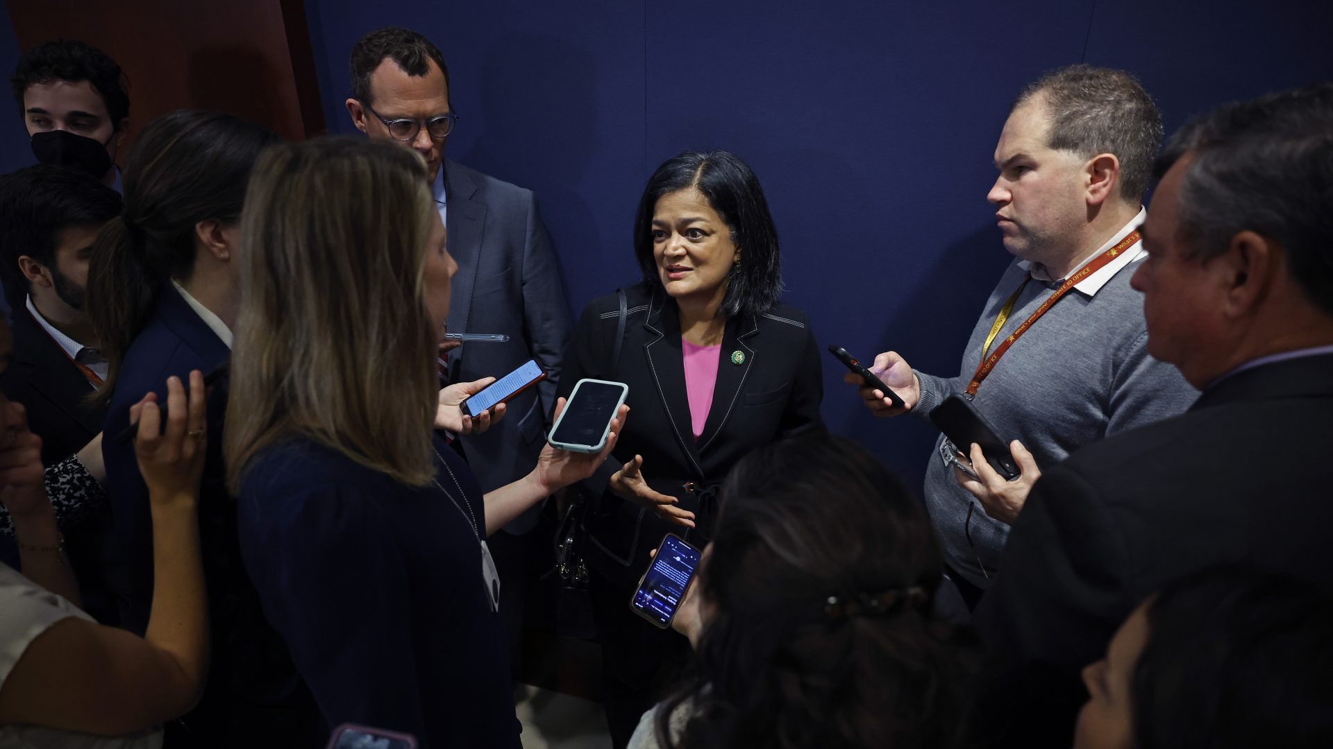 Rep. Pramila Jayapal (D-WA) talks to reporters after attending a classified, closed-door briefing about Hamas' attack on Israel. Photo: Chip Somodevilla/Getty Images