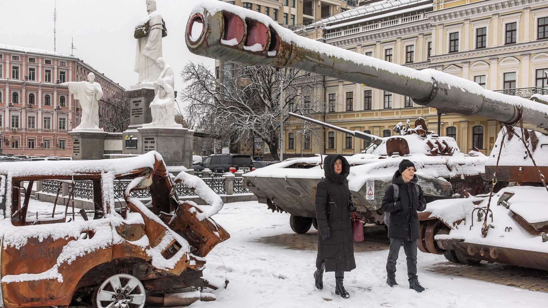 Destroyed Russian military vehicles lie blanketed in snow in front of Saint Michael’s Golden-Domed Monastery, Kyiv, in late November. Photo: Roman Pilipey/AFP/Getty