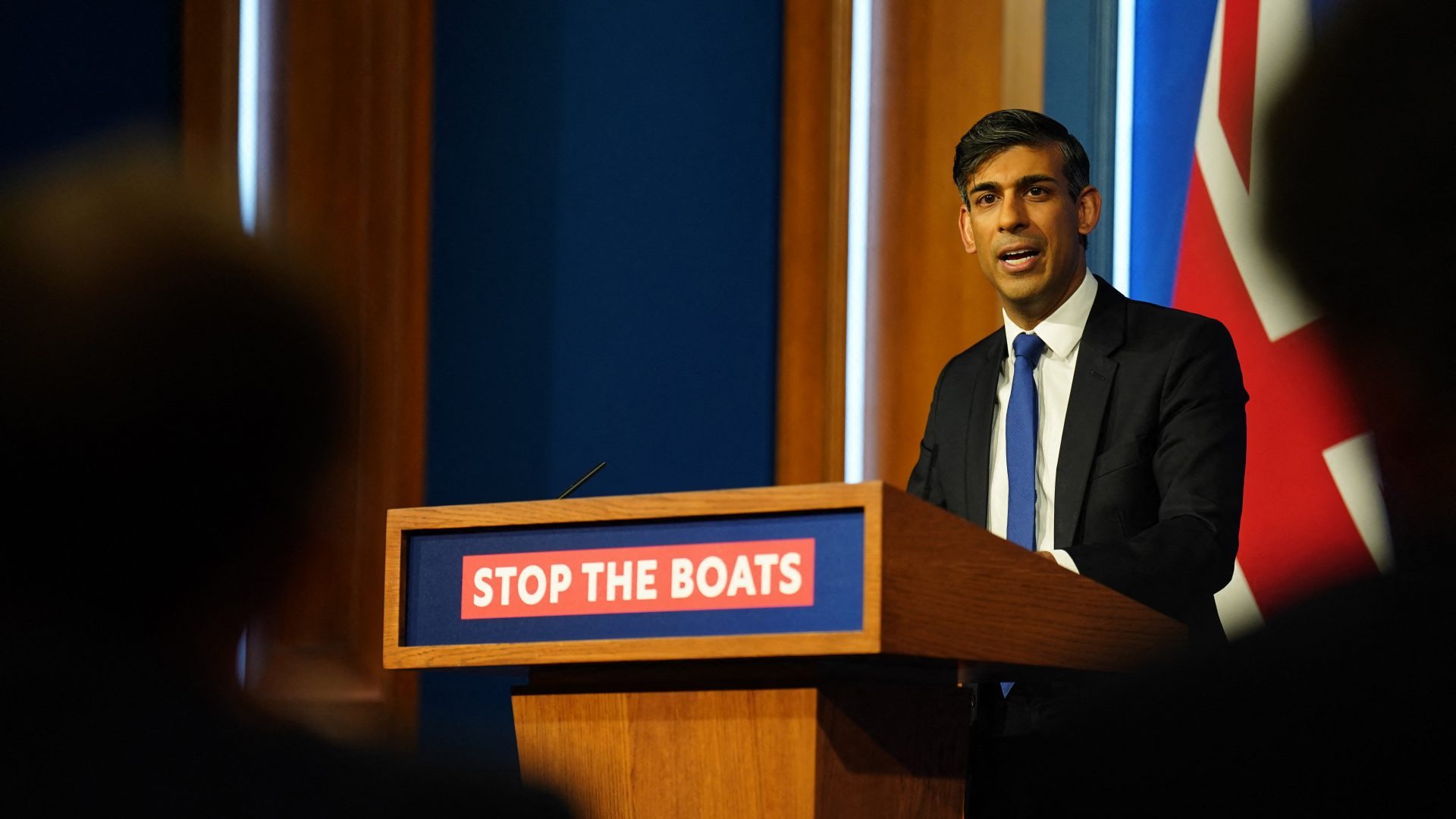 Rishi Sunak hosts a press conference inside the Downing Street Briefing Room. Photo:  JAMES MANNING/POOL/AFP via Getty Images