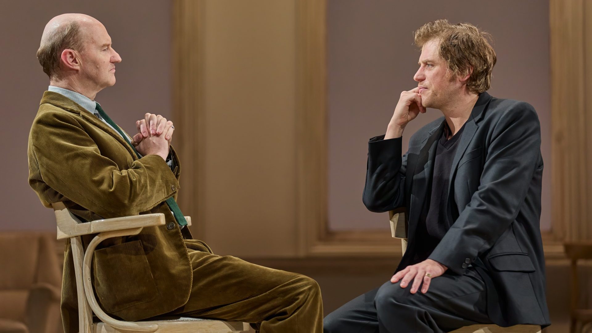 Mark Gatiss as John Gielgud and Johnny Flynn as Richard Burton in The Motive and the Cue in the West End. Photo: Mark Douet