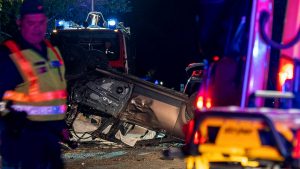 Hungarian police investigate at the site of an accident close to Kiskunmajsa, southern Hungary, about 40 km from the Serbian border. Photo: FERENC DONKA/AFP via Getty Images