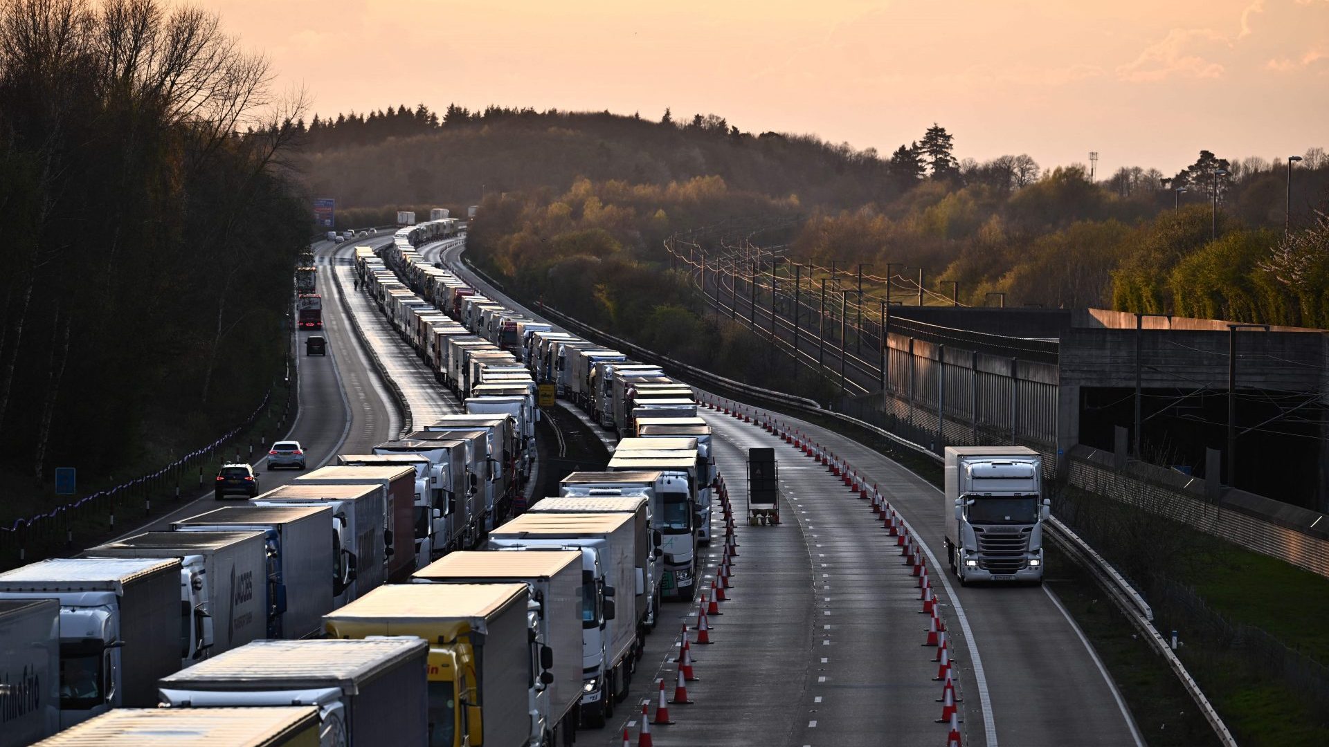 Freight lorries queue on the M20 heading towards the port of Dover. Photo: Ben Stansall/AFP/Getty