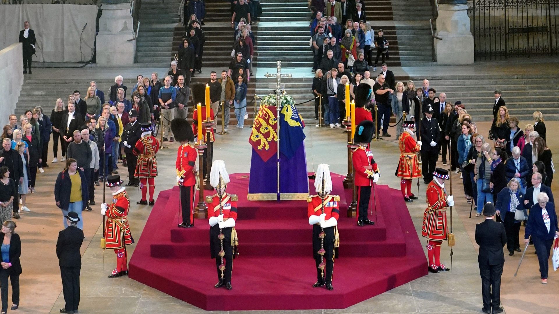 Members of the public file past the coffin of Queen Elizabeth II in Westminster Hall, September 2022. Photo: Yui Mok/AFP/Getty