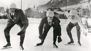 English speed skaters (left to right) BH Sutton, LH Cambridgeshire and AE Tibbet training at Chamonix in February 1924. Photo: Topical Press/Hulton Archive/Getty